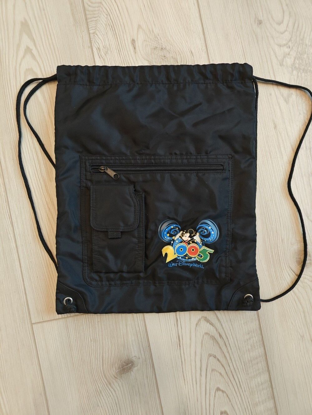 Vintage Walt Disney World Mickey Black Cinch Drawstring Sack-Bag Travel